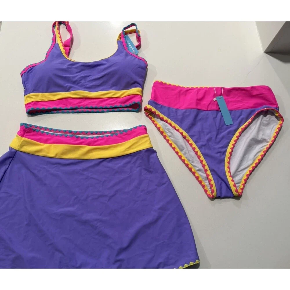 popvil Tummy Control 3 Piece Swimsuit with Skirt High Waisted Bikini Vibrant M